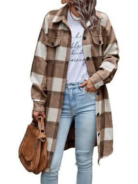 Women's Plaid BrowN White Plaid Shacket Jacket Flannel Shirts Long Sleeve Jacket